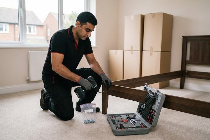 Mover dismantling a wooden bed frame with a cordless drill, fixings bagged beside him