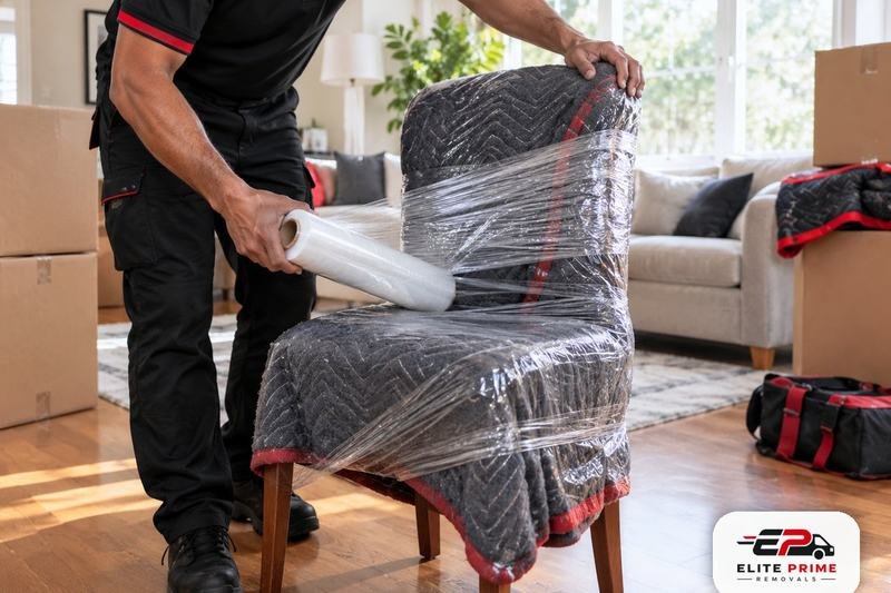 Mover wrapping a dining chair in stretch film before it is loaded