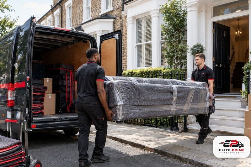 Two Elite Prime Removals movers carrying a wrapped sofa from the van into a London townhouse