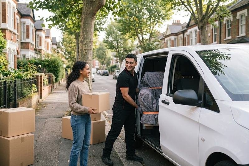 Man and van driver loading a wrapped armchair into a medium van while the customer brings a box