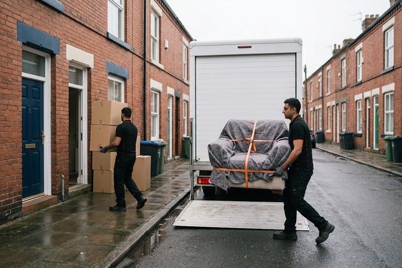 Movers loading a blanket-wrapped armchair onto a Luton van tail lift on a Manchester terraced street