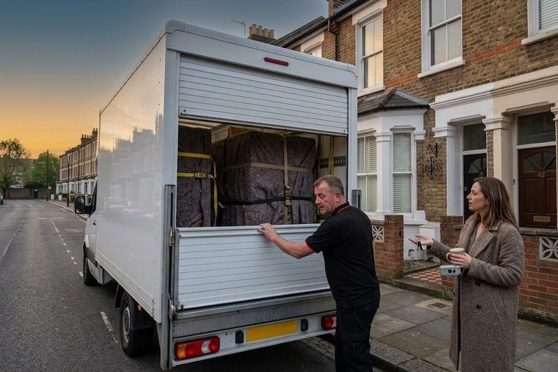 Mover closing a loaded Luton van at dawn before a long-distance move from London