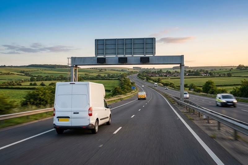 Removal van on a UK motorway heading out of London on a long-distance move