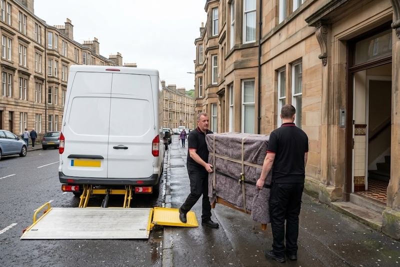Movers carrying wrapped furniture into a sandstone tenement in Scotland after a move from London