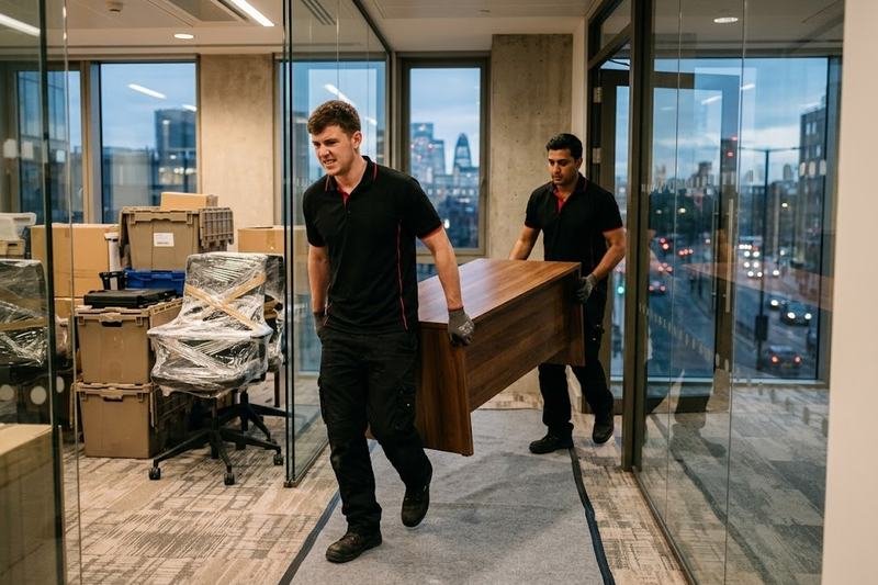 Two movers carrying a desk out of a London office, with chairs wrapped in stretch film