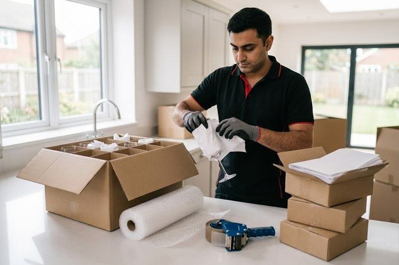 Packer wrapping wine glasses in paper and placing them in a divided box