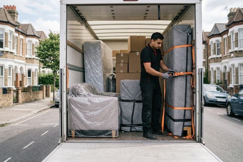 Inside a loaded Luton van, with furniture blanket-wrapped and ratchet-strapped to the wall