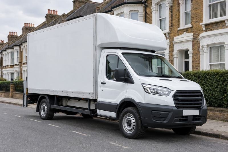 White Luton removal van with tail lift parked on a London street